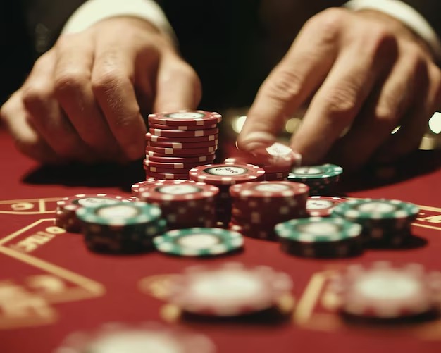 Close-up of Dream Gaming live-dealer table with cards and gaming chips